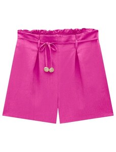 Lunender Shorts Cintura Alta em Linho com Cinto Rosa