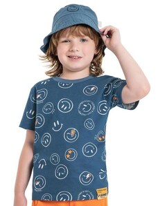 Quimby Camiseta Emojis Infantil Manga Curta Azul