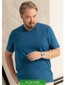 Exco Plus Size Camiseta Básica com Decote V Azul