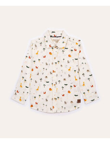 C&A camisa de algodão infantil animais da savana manga longa off white