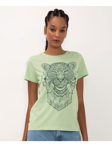 C&A camiseta de algodão leoa tatto manga curta decote redondo verde claro