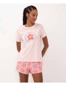 C&A pijama de algodão floral manga curta rosa claro