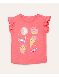 C&A blusa de algodão infantil flamê doces com babado rosa chiclete