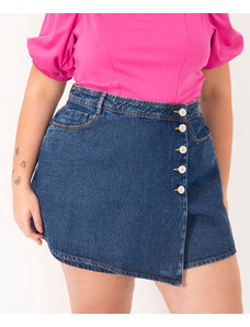 C&A short saia jeans plus size cintura super alta azul médio
