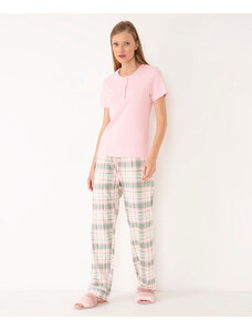 C&A pijama de algodão xadrez manga curta rosa