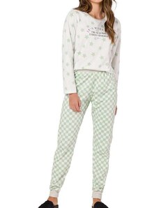Pijama Feminino Longo Espaço Pijama 41305 Verde-Off-White