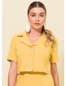 Gris Blusa de Botão Feminina Adulto Amarelo