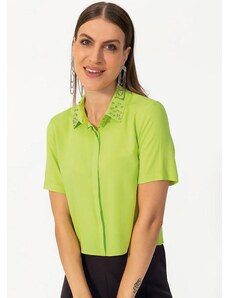 Gris Camisa Feminina com Bordados Verde