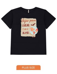 Lunender Mais Mulher T-Shirt Plus Size em Malha Estampa Viajar Preto