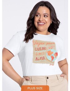 Lunender Mais Mulher T-Shirt Plus Size em Malha Estampa Viajar Branco