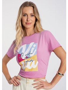Lunender T-Shirt em Malha Penteada Estampada Rosa