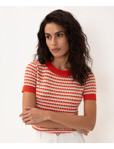 C&A blusa de tricot listrado manga curta laranja