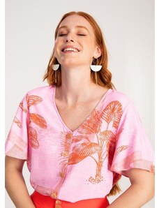 Lunender Camisa Manga Curta em Viscose Estampada Rosa