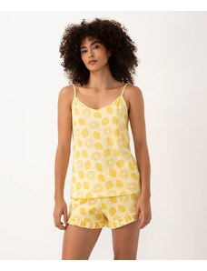 C&A pijama short doll de algodão limão siciliano alça fina amarelo claro