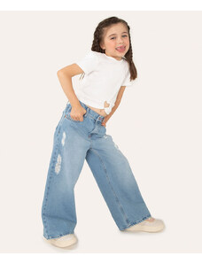 C&A calça jeans wide leg infantil com rasgos azul médio