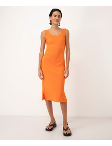 C&A vestido canelado midi básico com fenda alça média decote redondo laranja