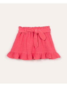 C&A short saia de algodão texturizado com faixa e babado pink