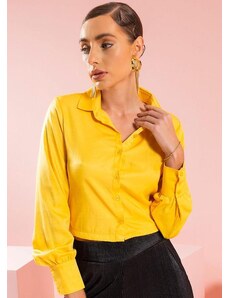Gris Camisa Feminina com Botão Amarelo