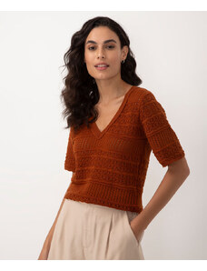 C&A blusa de tricot texturizada decote v marrom