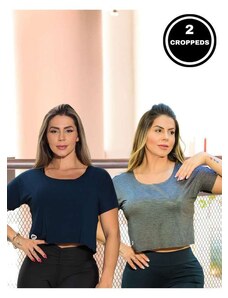 Fitmoda Kit com 2 Croppeds Camiseta Feminina Esportivo com Mangas Azul
