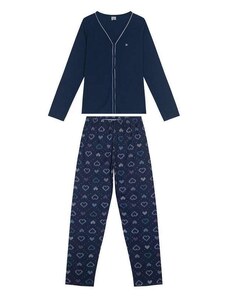 Pijama Feminino Longo com Abertura Malwee 1000117625 02023-Azul-Marinho