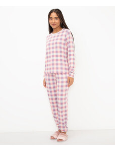 C&A pijama de tricot xadrez manga longa rosa