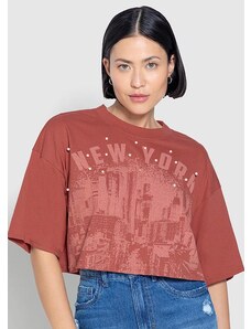 Enfim Camiseta Feminina Cropped New York Terracota