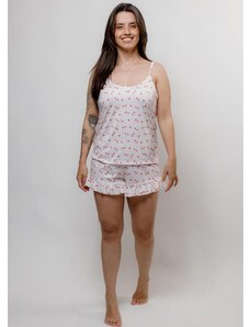 Piante Pijamas Short Doll Blusa com Alcinhas Cerejinhas Bege
