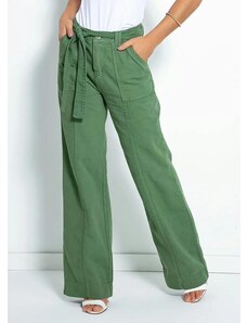 Sawary Jeans Calça Verde Wide Leg com Faixa Sawary