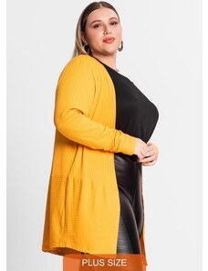 Secret Glam Cardigan Plus Size em Ribana Canelada Amarelo