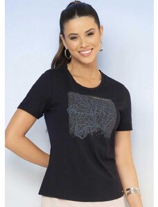 Cativa T-Shirt Feminina Estampada com Glitter Preto