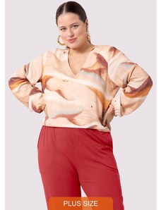 Lunender Mais Mulher Blusa Estampada Plus Size com Manga Bufante Marrom