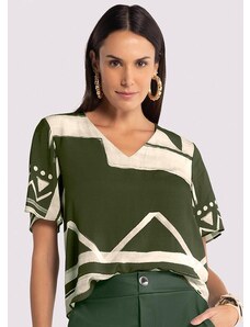 Lunender Blusa Estampada em Viscose com Decote V Verde