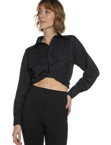 Camisa Curta Feminina Malha Detalhes Polo Wear Preto Preto