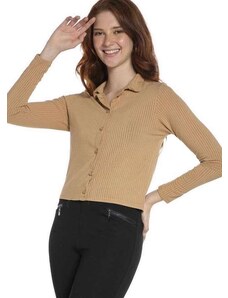 Camisa Feminina Malha Canelada Polo Wear Bege Médio Bege Médio