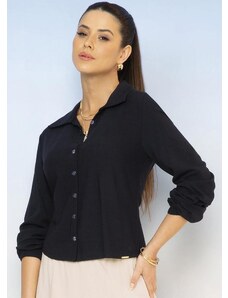 Cativa Camisa Feminina Básica de Botão Elegante Preto