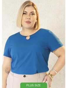Cativa Plus Size Blusa Feminina Básica com Aviamento Azul