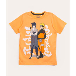 Camiseta Infantil Menino Naruto Estampa Frontal Sasuke Manga Curta Laranja