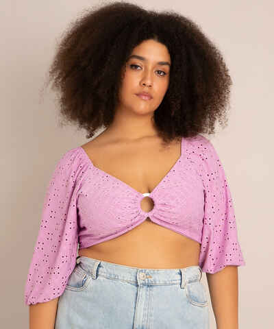 Blusa Cropped Feminino Transpassado Mangas Amplas Plus Size