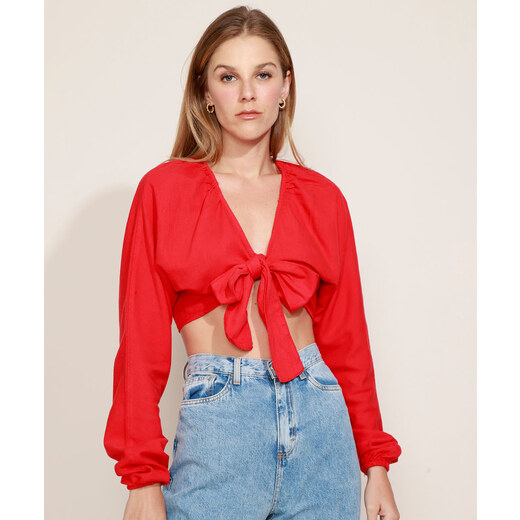 C&A Blusa Feminina Cropped Estampada Mini Print de Folhagem com Zíper de  Argola Manga Bufante Decote Coração Vermelha 