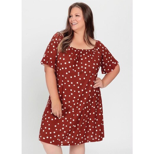 Mink Vestido Plus Size Poá Telha com Babado na Mangas 