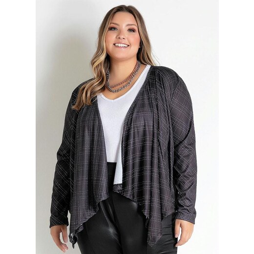 Marguerite Cardigan Xadrez Lilás com Faixa Grátis Plus Size 