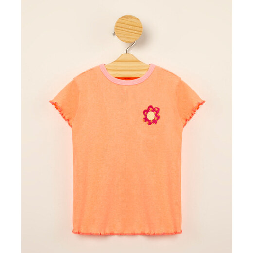 C&A blusa infantil canelada com bordado e frufru manga curta laranja neon 