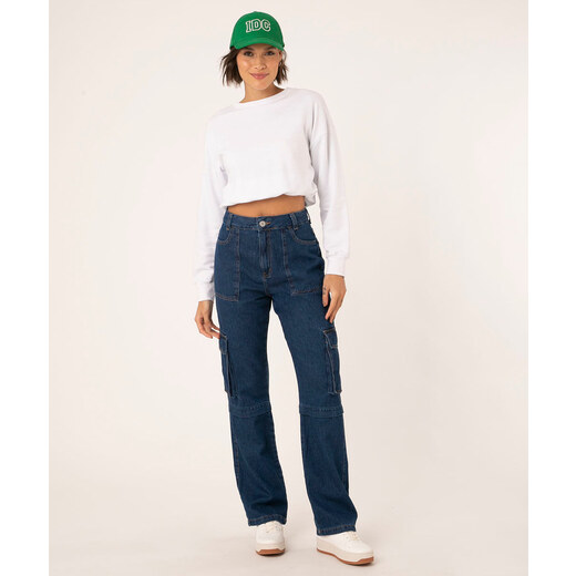 C&A calça reta cargo jeans cintura super alta azul escuro