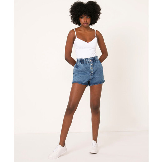 C&A short jeans clochard cintura super alta com botões azul escuro