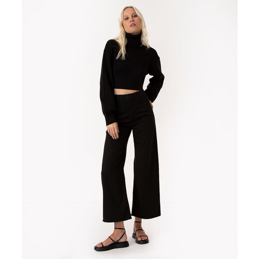 C&A calça de sarja wide leg cropped cintura super alta com bolso preta 