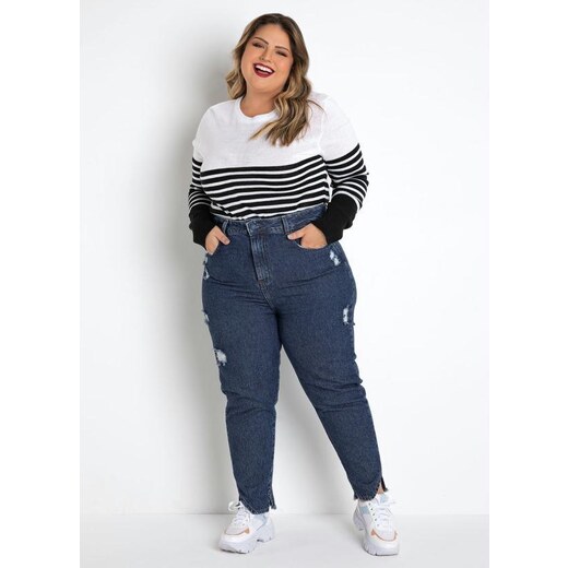 Sawary Jeans Calça Jeans Mom Jeans de Fendas Sawary Plus Size