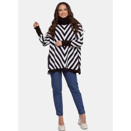 Blusa Poncho Tricot Gola Alta Xadrez Geométrico Moda Inverno