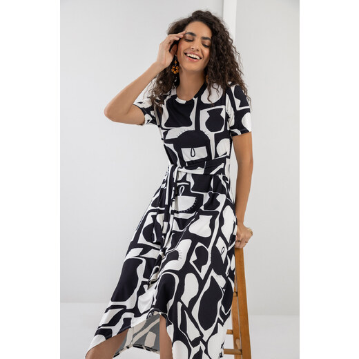 LEZ A LEZ Vestido Midi Estampado em Malha Assimétrico 