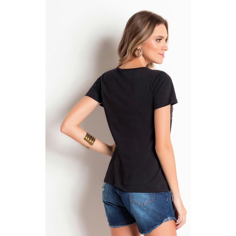 Moda Pop T-Shirt Preta com Estampa Frontal de Glitter